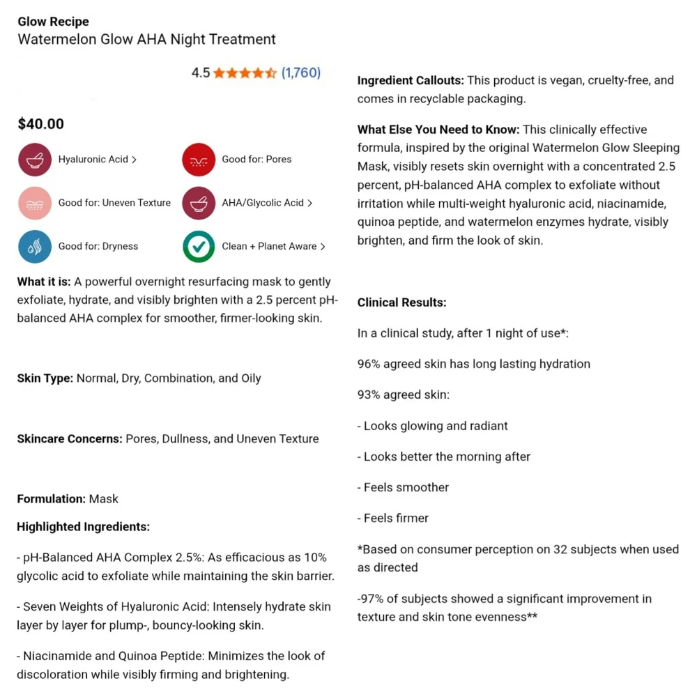 GLOW RECIPE Watermelon Glow AHA Night Treatment